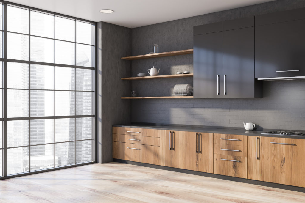 Panoramic gray kitchen corner, wooden countertops